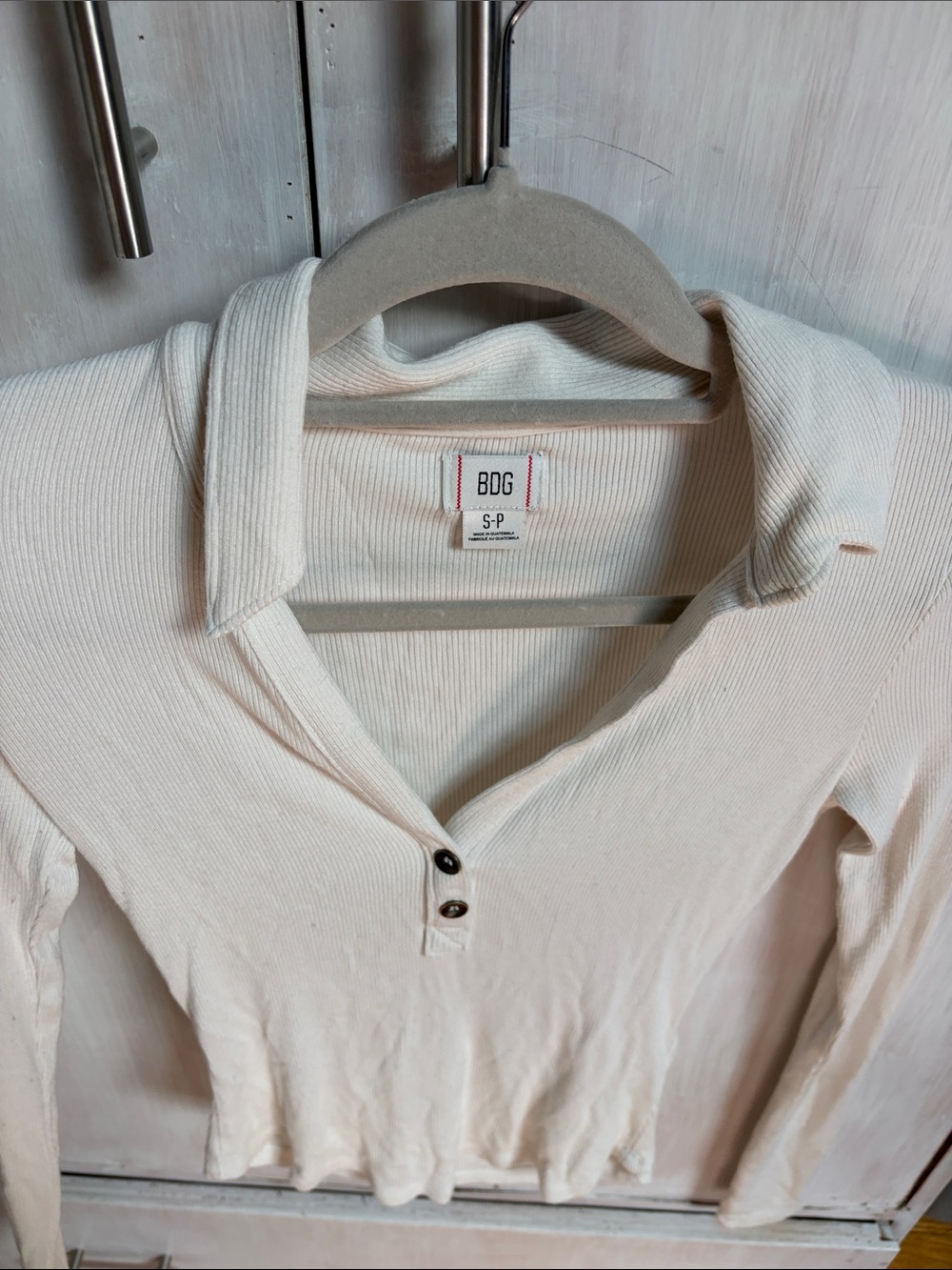 BDG Cream Ribbed Henley Polo Top with Button Placket